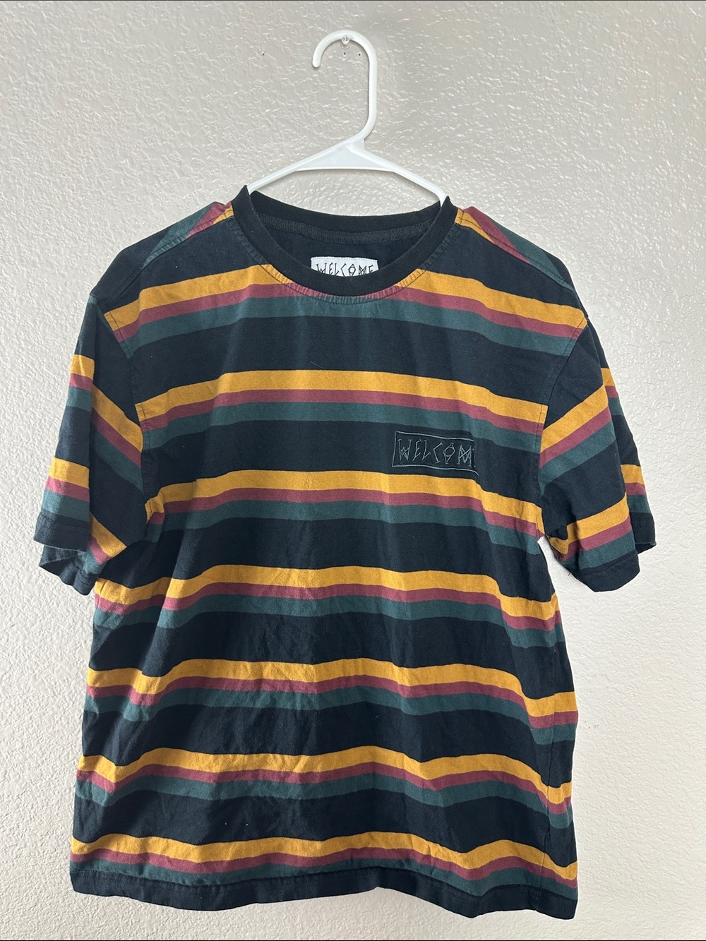 Welcome Striped Crewneck Sweater - Black, Mustard, Burgundy, Forest Green L